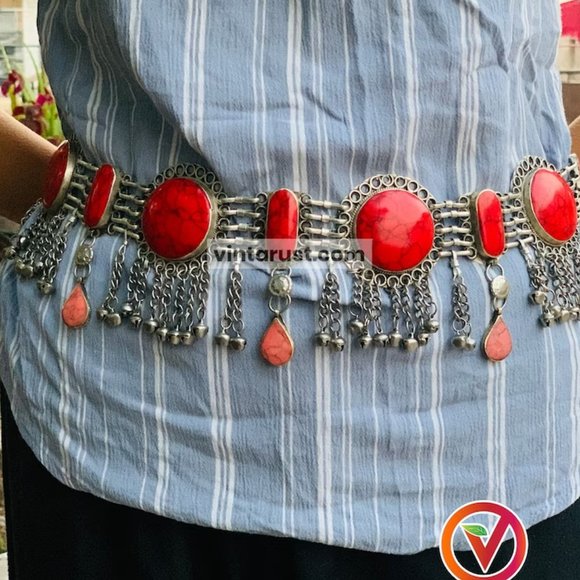 Vintage Kuchi Coral Stone Belly Dance Belt: Afghan Tribal Jewelry main image 11